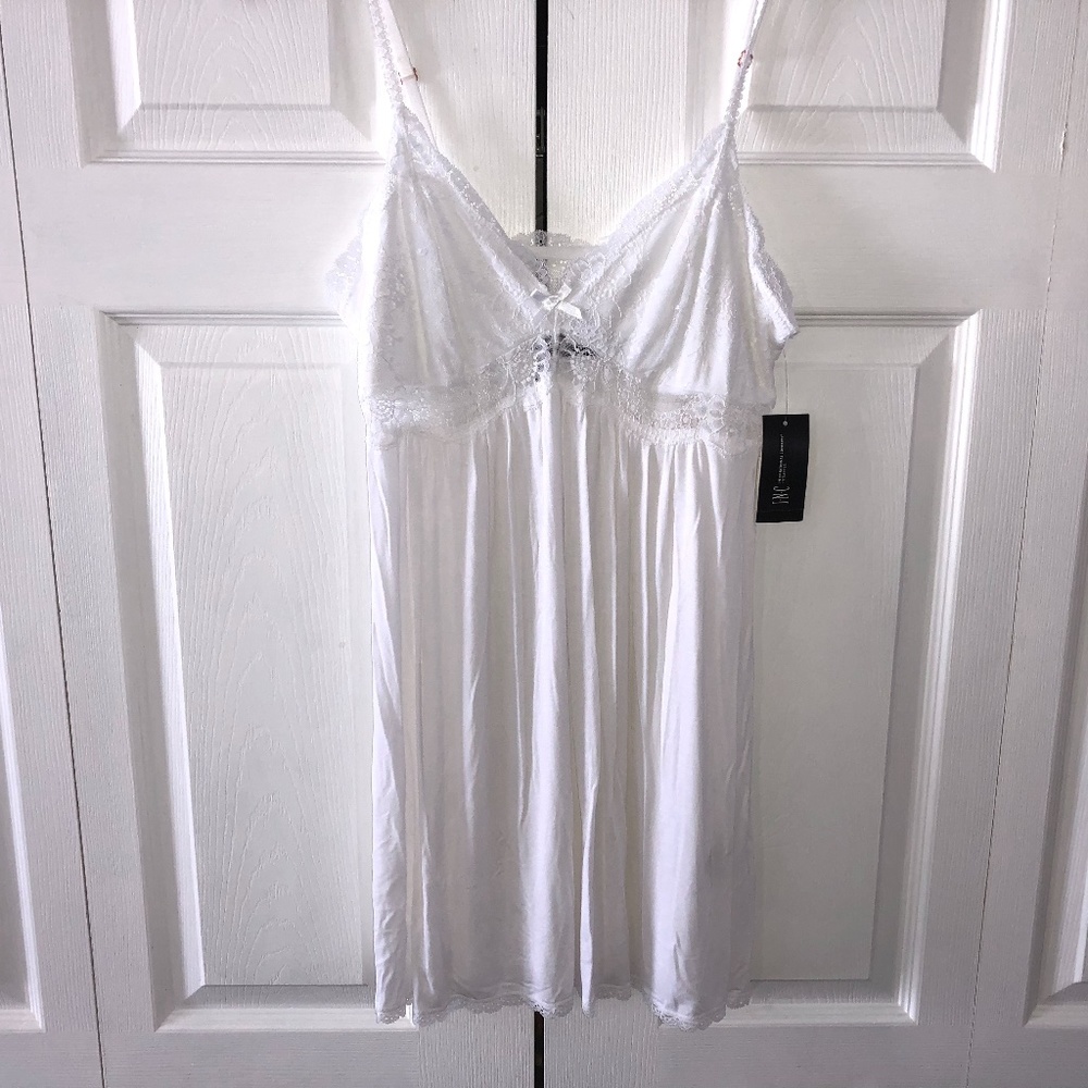 INC Ultra Soft Lace Trim Knit Chemise Gown White